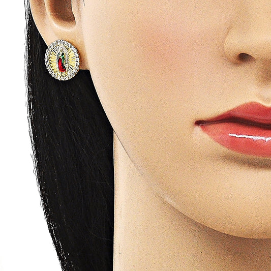Oro Laminado Stud Earring, Gold Filled Style Guadalupe Design, with White Micro Pave, Diamond Cutting Finish, Tricolor