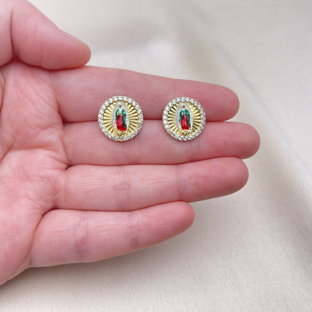 Oro Laminado Stud Earring, Gold Filled Style Guadalupe Design, with White Micro Pave, Diamond Cutting Finish, Tricolor