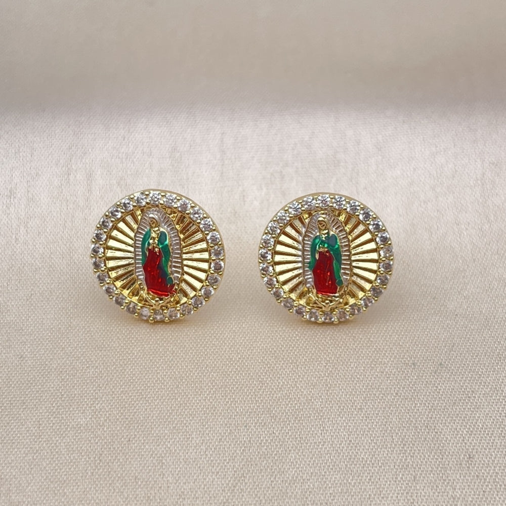 Oro Laminado Stud Earring, Gold Filled Style Guadalupe Design, with White Micro Pave, Diamond Cutting Finish, Tricolor