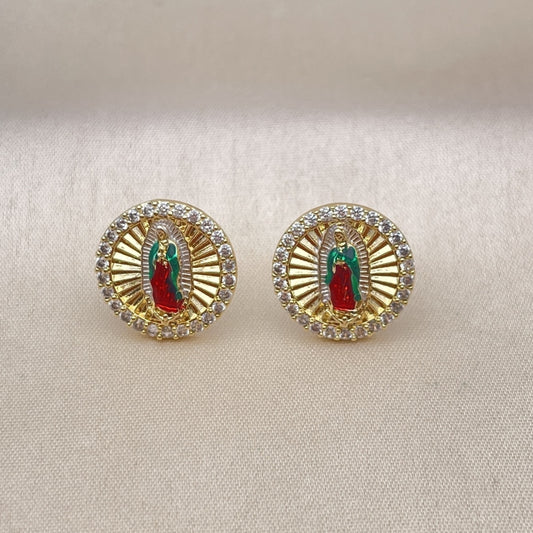 Oro Laminado Stud Earring, Gold Filled Style Guadalupe Design, with White Micro Pave, Diamond Cutting Finish, Tricolor