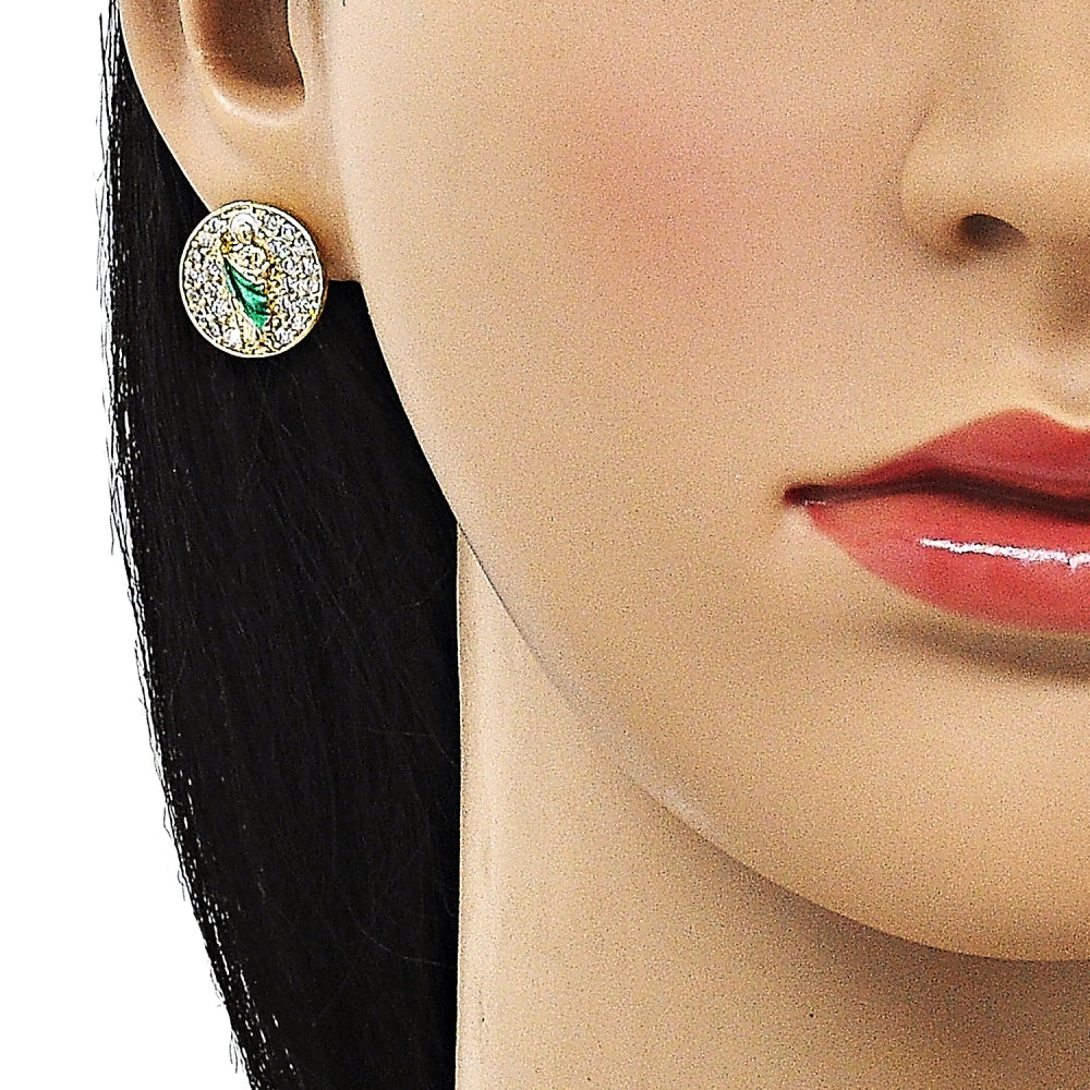 Oro Laminado Stud Earring, Gold Filled Style San Judas Design, with White Micro Pave, Polished, Golden Finish