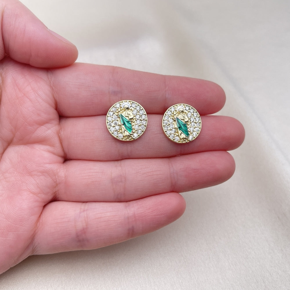 Oro Laminado Stud Earring, Gold Filled Style San Judas Design, with White Micro Pave, Polished, Golden Finish