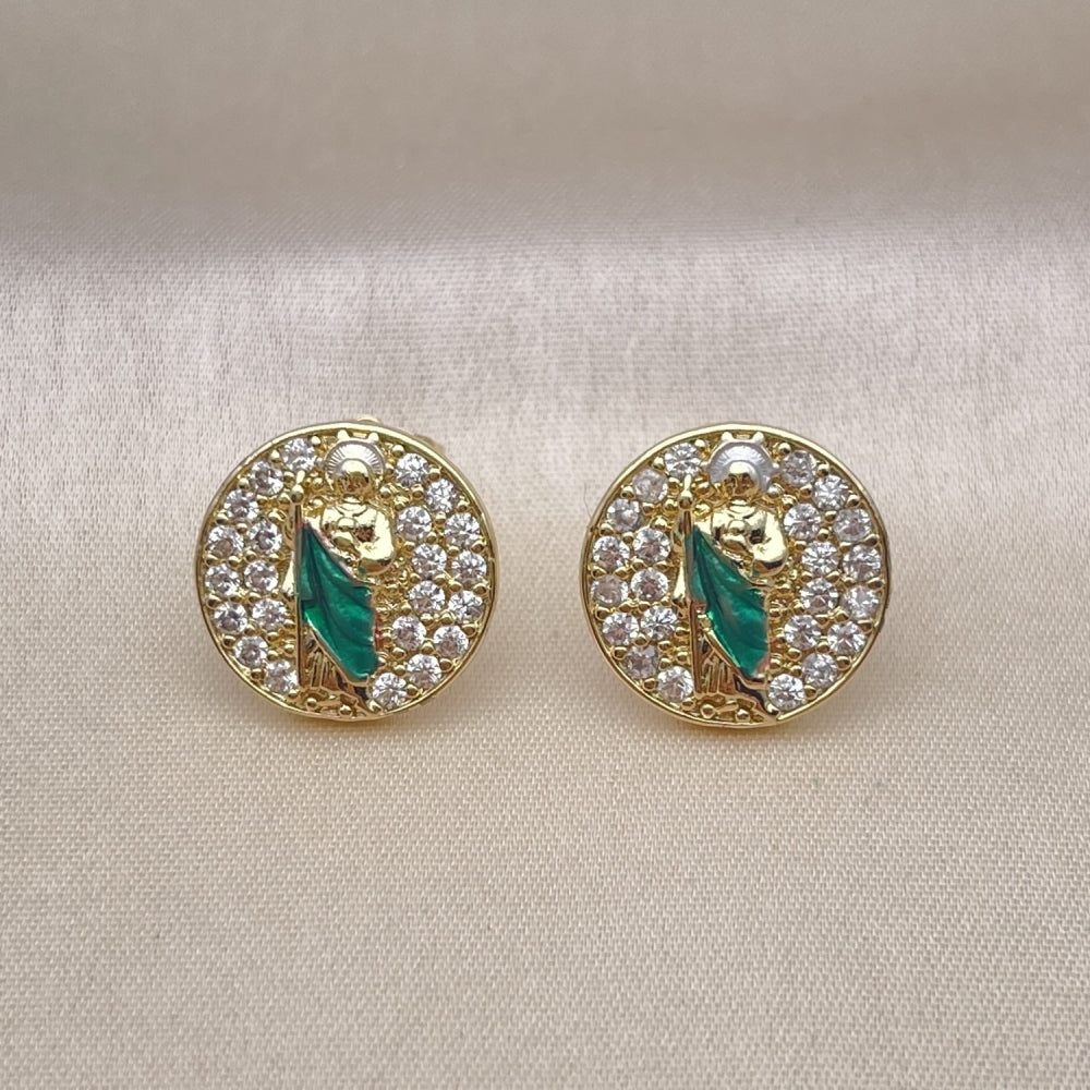 Oro Laminado Stud Earring, Gold Filled Style San Judas Design, with White Micro Pave, Polished, Golden Finish