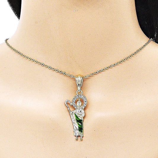 Oro Laminado Religious Pendant, Gold Filled Style San Judas Design, with White Crystal, Diamond Cutting Finish, Tricolor