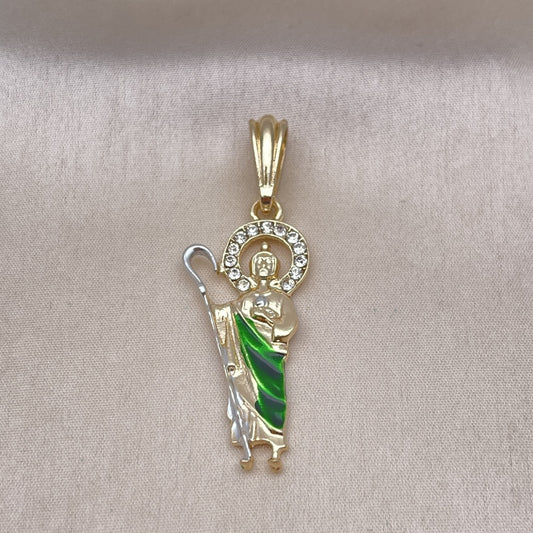 Oro Laminado Religious Pendant, Gold Filled Style San Judas Design, with White Crystal, Diamond Cutting Finish, Tricolor