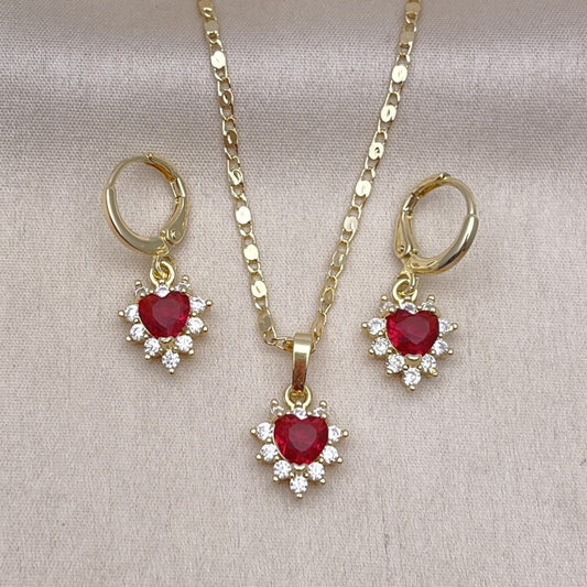 Oro Laminado Earring and Pendant Adult Set, Gold Filled Style Heart and Cluster Design, with Ruby and White Cubic Zirconia, Polished, Golden Finish