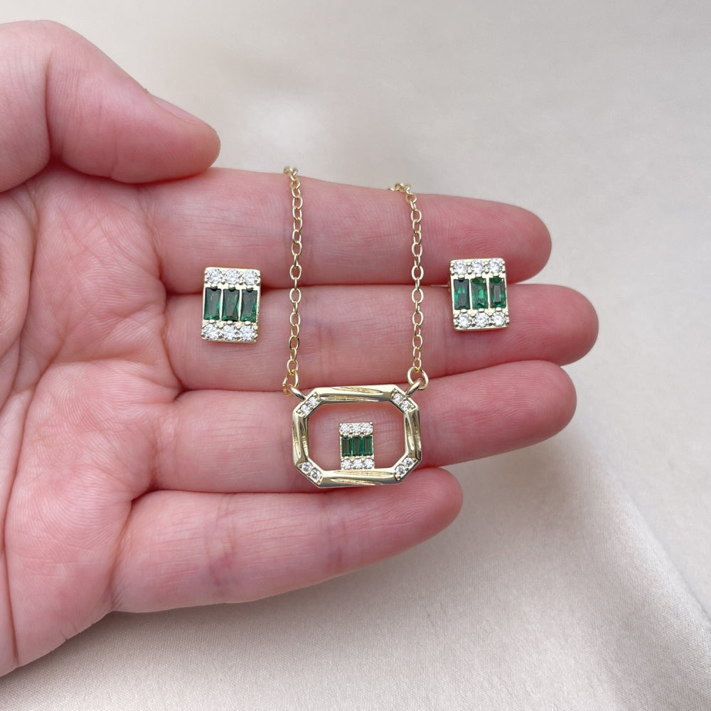 Oro Laminado Earring and Pendant Adult Set, Gold Filled Style Baguette Design, with Green and White Cubic Zirconia, Polished, Golden Finish