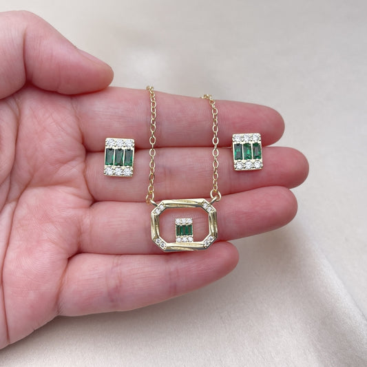 Oro Laminado Earring and Pendant Adult Set, Gold Filled Style Baguette Design, with Green and White Cubic Zirconia, Polished, Golden Finish