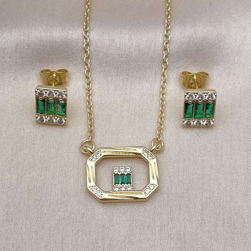 Oro Laminado Earring and Pendant Adult Set, Gold Filled Style Baguette Design, with Green and White Cubic Zirconia, Polished, Golden Finish