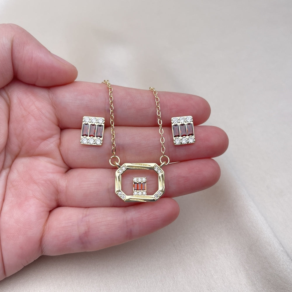 Oro Laminado Earring and Pendant Adult Set, Gold Filled Style Baguette Design, with Garnet and White Cubic Zirconia, Polished, Golden Finish