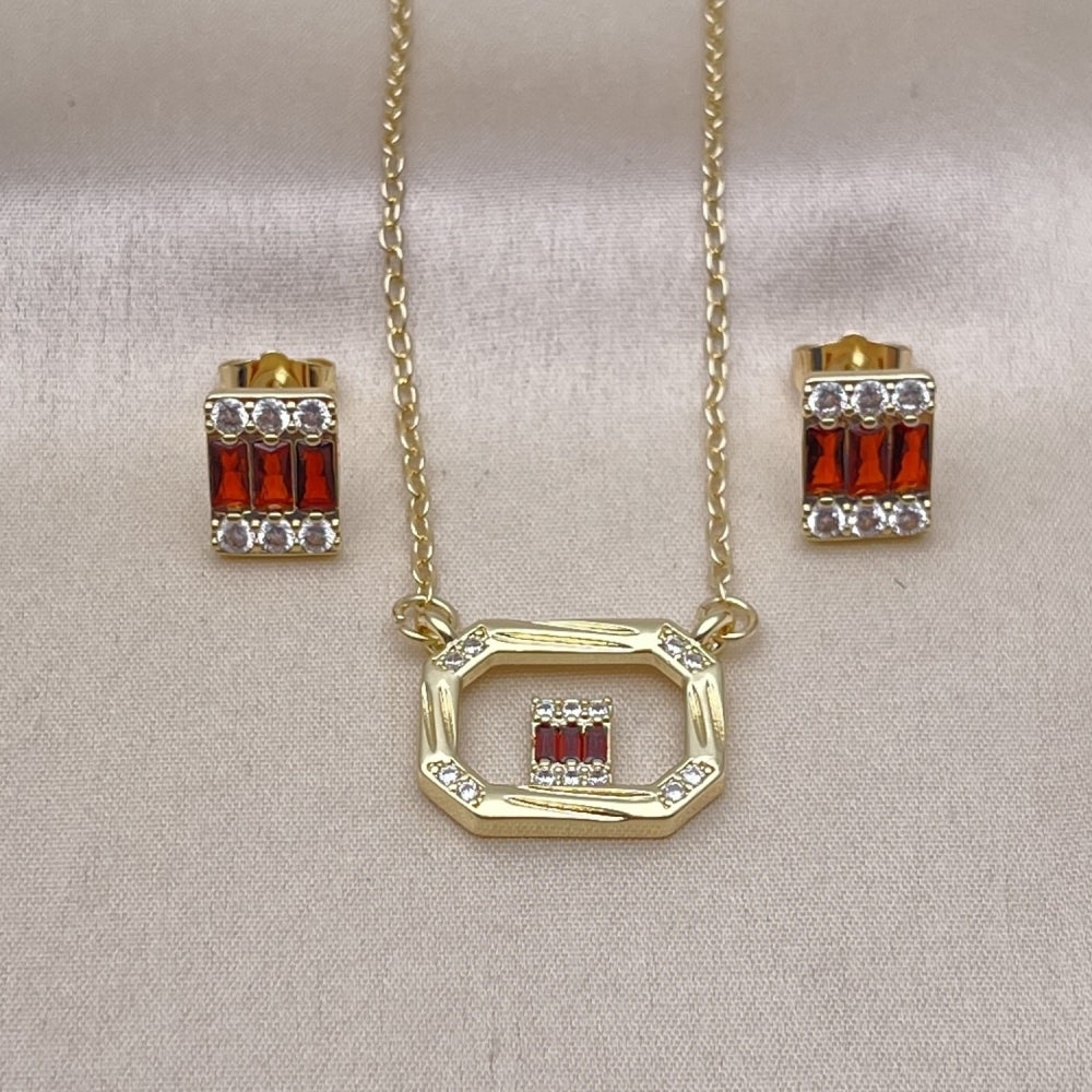 Oro Laminado Earring and Pendant Adult Set, Gold Filled Style Baguette Design, with Garnet and White Cubic Zirconia, Polished, Golden Finish