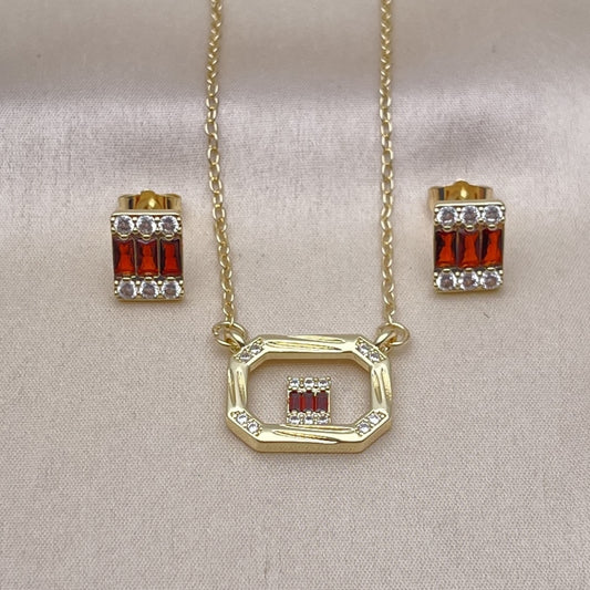 Oro Laminado Earring and Pendant Adult Set, Gold Filled Style Baguette Design, with Garnet and White Cubic Zirconia, Polished, Golden Finish