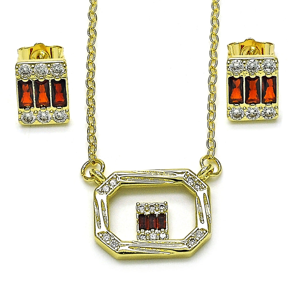 Oro Laminado Earring and Pendant Adult Set, Gold Filled Style Baguette Design, with Garnet and White Cubic Zirconia, Polished, Golden Finish