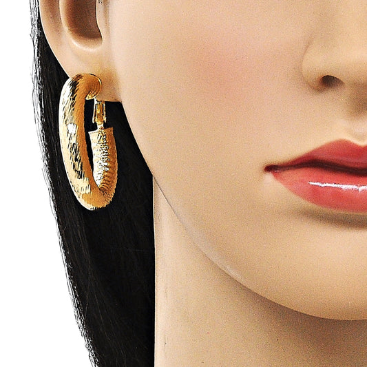 Oro Laminado Medium Hoop, Gold Filled Style Hollow Design, Diamond Cutting Finish, Golden Finish