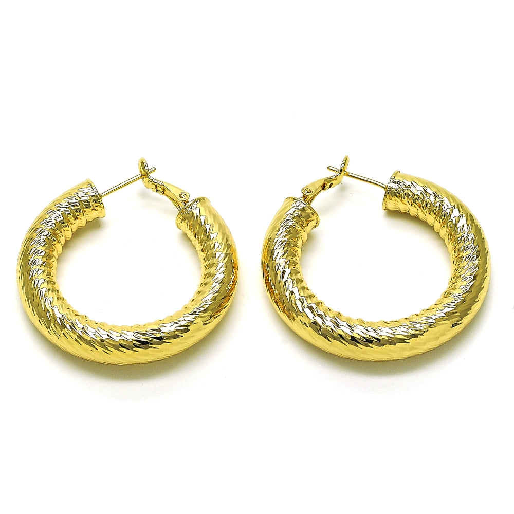 Oro Laminado Medium Hoop, Gold Filled Style Hollow Design, Diamond Cutting Finish, Golden Finish