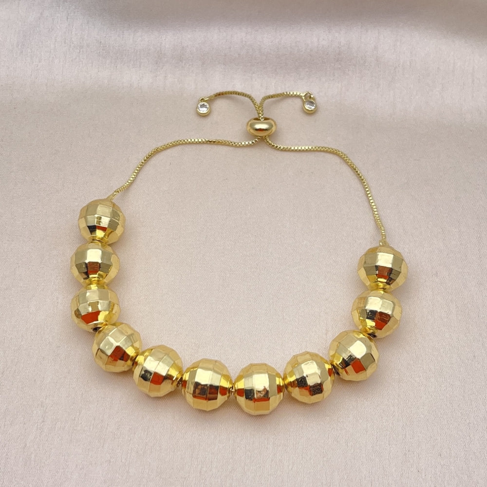 Oro Laminado Adjustable Bolo Bracelet, Gold Filled Style Ball and Disco Design, with White Cubic Zirconia, Diamond Cutting Finish, Golden Finish