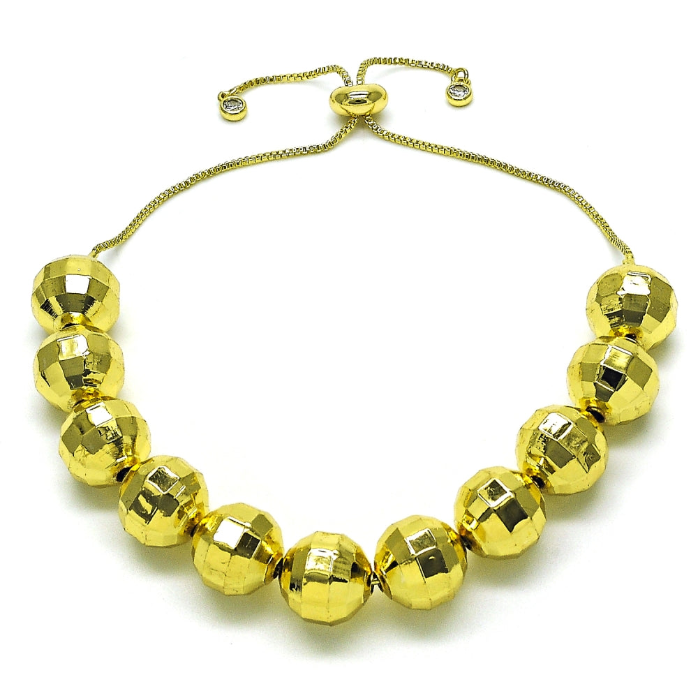 Oro Laminado Adjustable Bolo Bracelet, Gold Filled Style Ball and Disco Design, with White Cubic Zirconia, Diamond Cutting Finish, Golden Finish