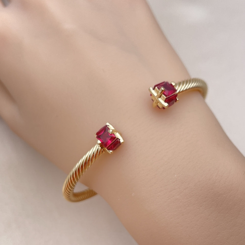 Oro Laminado Individual Bangle, Gold Filled Style Twist Design, with Ruby Cubic Zirconia, Polished, Golden Finish