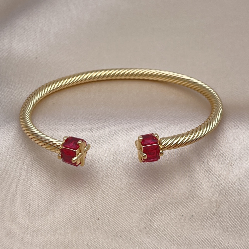 Oro Laminado Individual Bangle, Gold Filled Style Twist Design, with Ruby Cubic Zirconia, Polished, Golden Finish