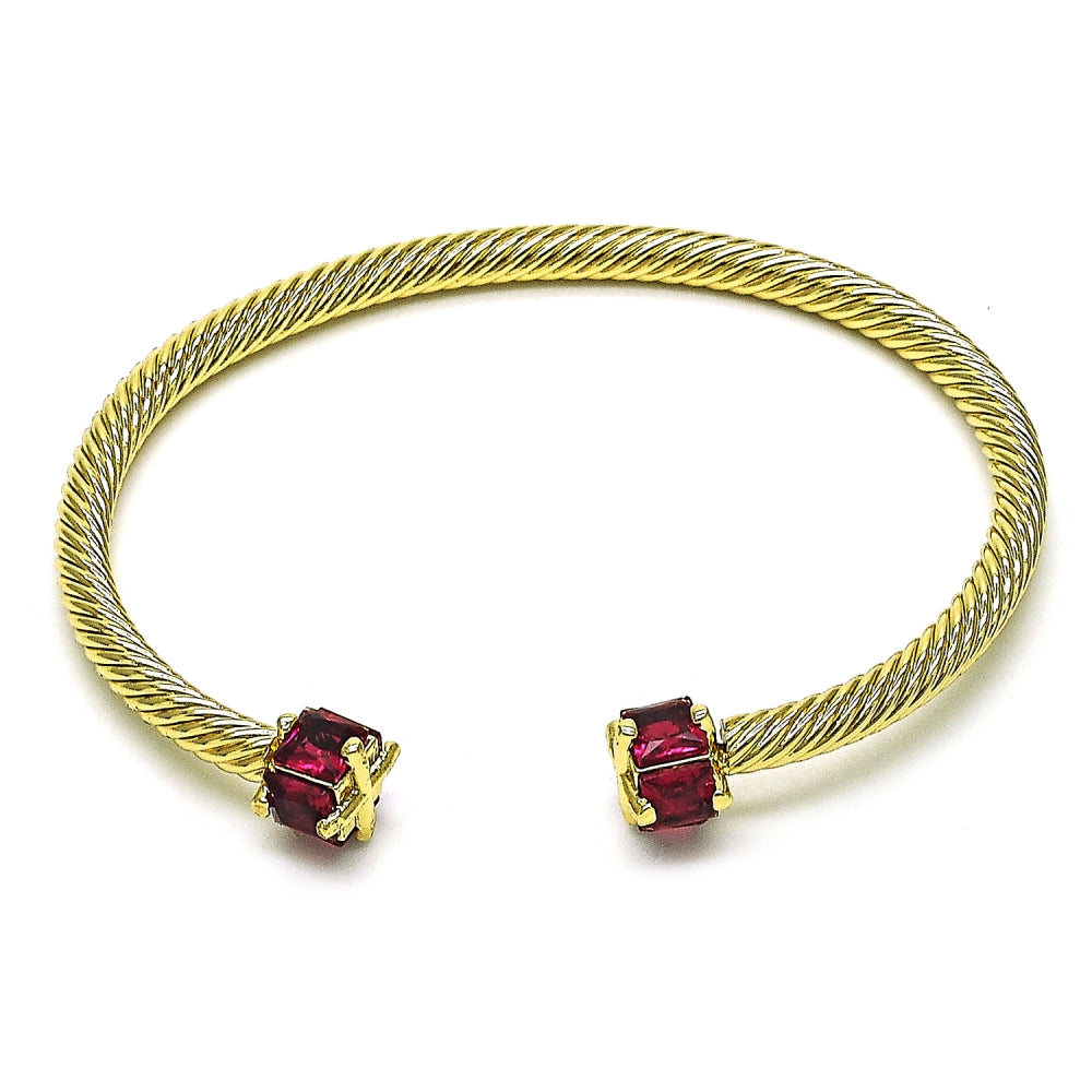 Oro Laminado Individual Bangle, Gold Filled Style Twist Design, with Ruby Cubic Zirconia, Polished, Golden Finish