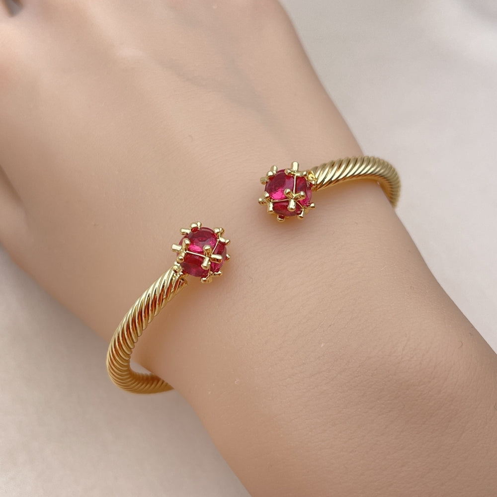 Oro Laminado Individual Bangle, Gold Filled Style Twist Design, with Ruby Cubic Zirconia, Polished, Golden Finish