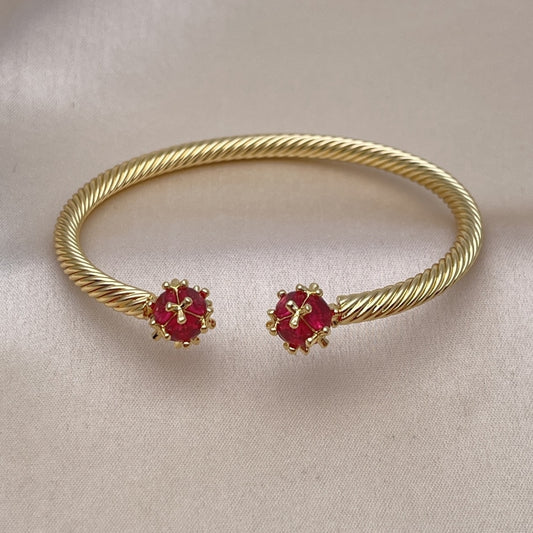 Oro Laminado Individual Bangle, Gold Filled Style Twist Design, with Ruby Cubic Zirconia, Polished, Golden Finish