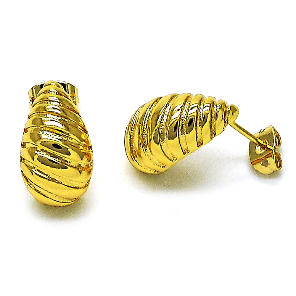 Oro Laminado Stud Earring, Gold Filled Style Teardrop Design, Diamond Cutting Finish, Golden Finish