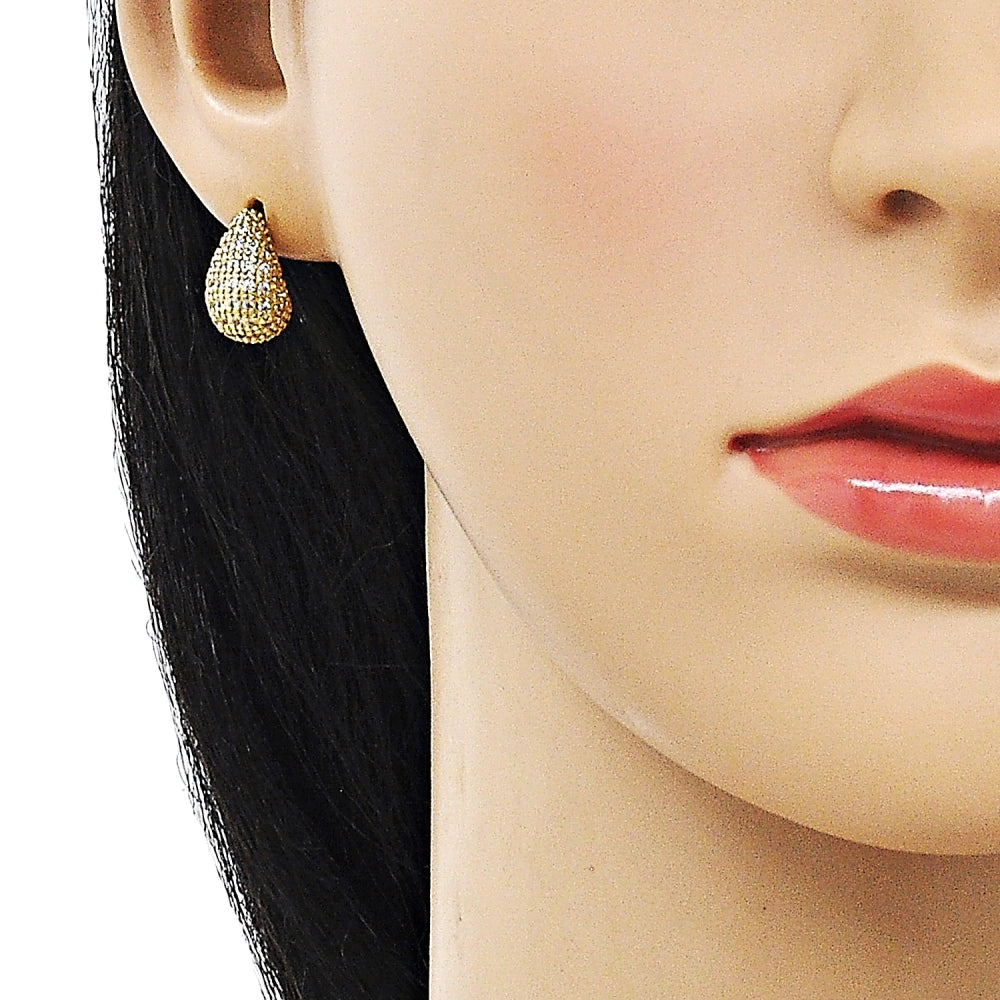 Oro Laminado Stud Earring, Gold Filled Style Teardrop Design, with White Micro Pave, Polished, Golden Finish