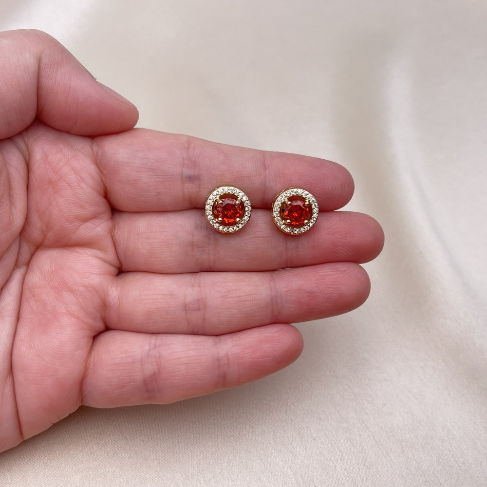 Oro Laminado Stud Earring, Gold Filled Style Cluster and Greek Key Design, with Garnet Cubic Zirconia and White Micro Pave, Polished, Golden Finish