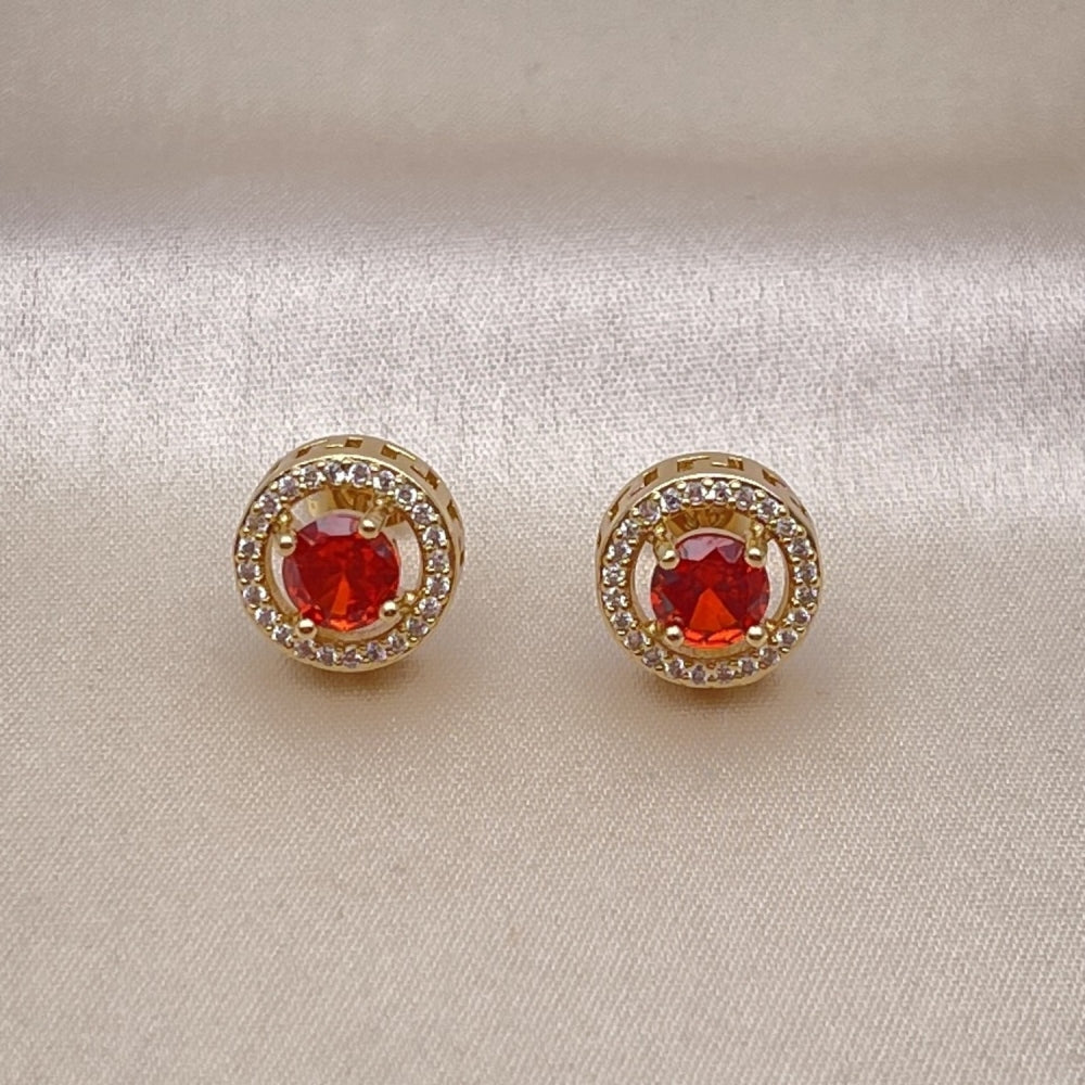 Oro Laminado Stud Earring, Gold Filled Style Cluster and Greek Key Design, with Garnet Cubic Zirconia and White Micro Pave, Polished, Golden Finish