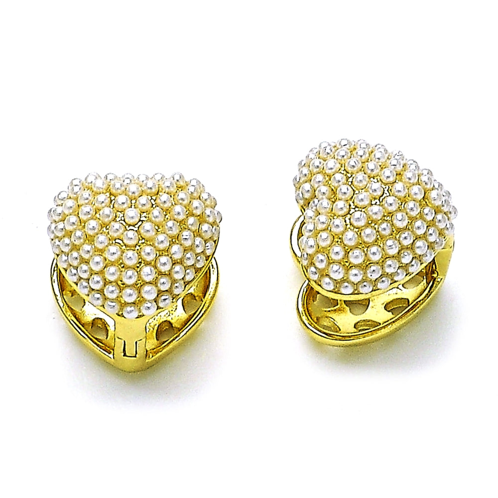 Oro Laminado Huggie Hoop, Gold Filled Style Heart Design, with Ivory Pearl, Polished, Golden Finish