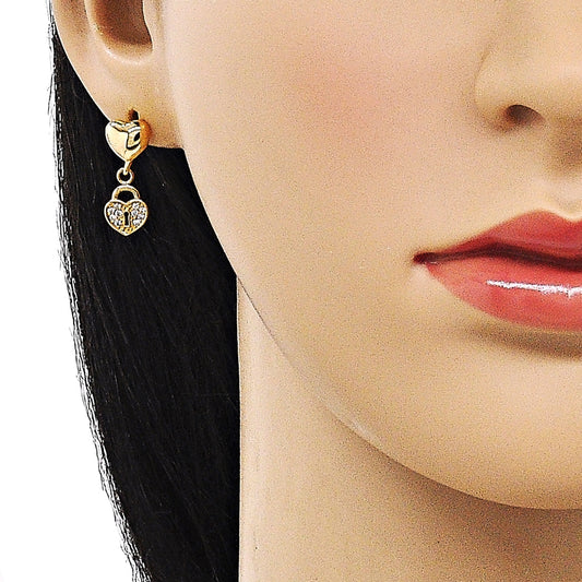 Oro Laminado Dangle Earring, Gold Filled Style Heart and Lock Design, with White Micro Pave, Polished, Golden Finish