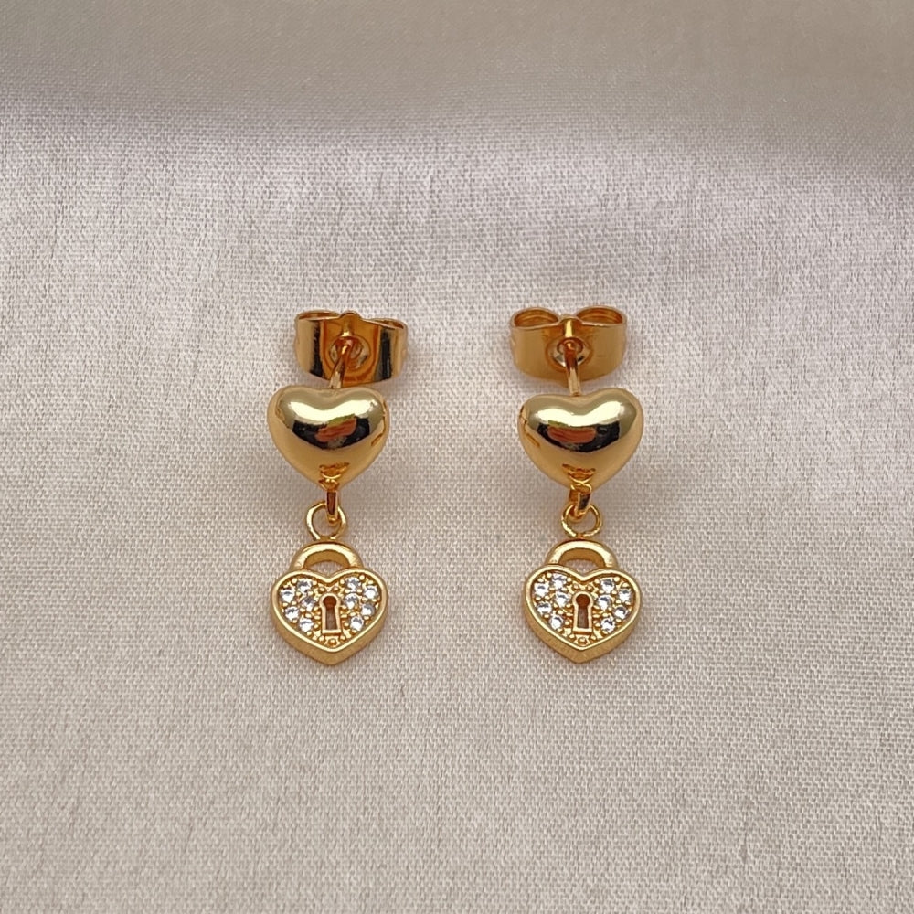 Oro Laminado Dangle Earring, Gold Filled Style Heart and Lock Design, with White Micro Pave, Polished, Golden Finish