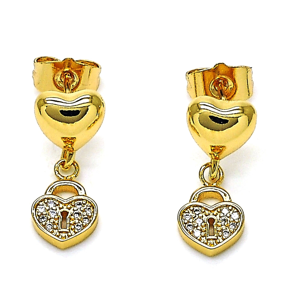 Oro Laminado Dangle Earring, Gold Filled Style Heart and Lock Design, with White Micro Pave, Polished, Golden Finish