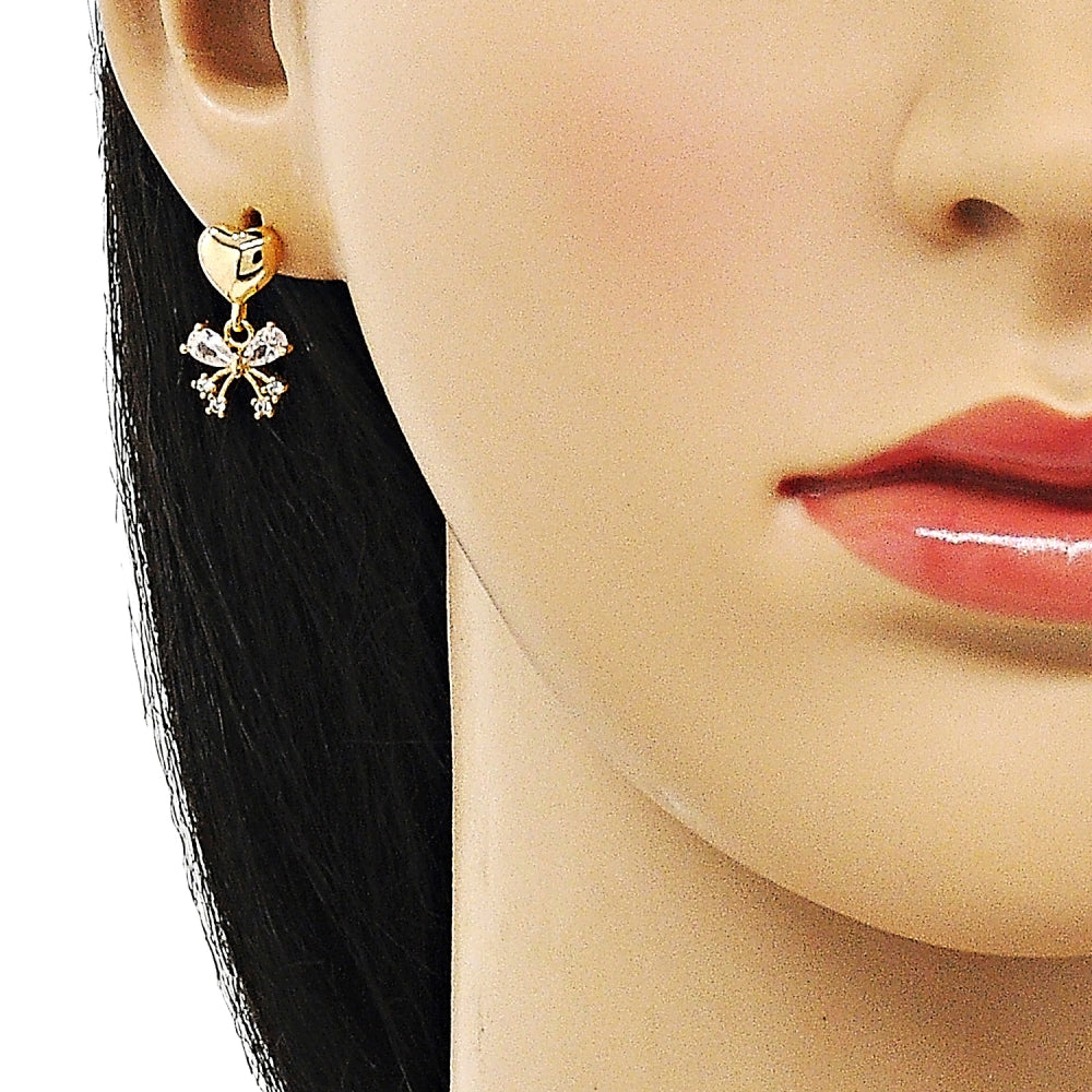 Oro Laminado Dangle Earring, Gold Filled Style Butterfly and Heart Design, with White Cubic Zirconia, Polished, Golden Finish
