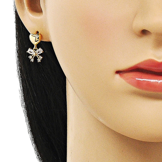 Oro Laminado Dangle Earring, Gold Filled Style Butterfly and Heart Design, with White Cubic Zirconia, Polished, Golden Finish