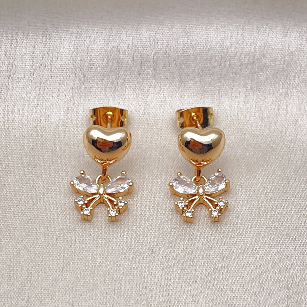 Oro Laminado Dangle Earring, Gold Filled Style Butterfly and Heart Design, with White Cubic Zirconia, Polished, Golden Finish
