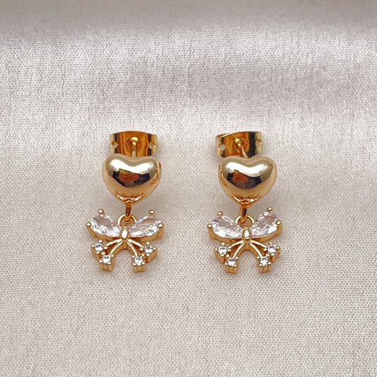 Oro Laminado Dangle Earring, Gold Filled Style Butterfly and Heart Design, with White Cubic Zirconia, Polished, Golden Finish