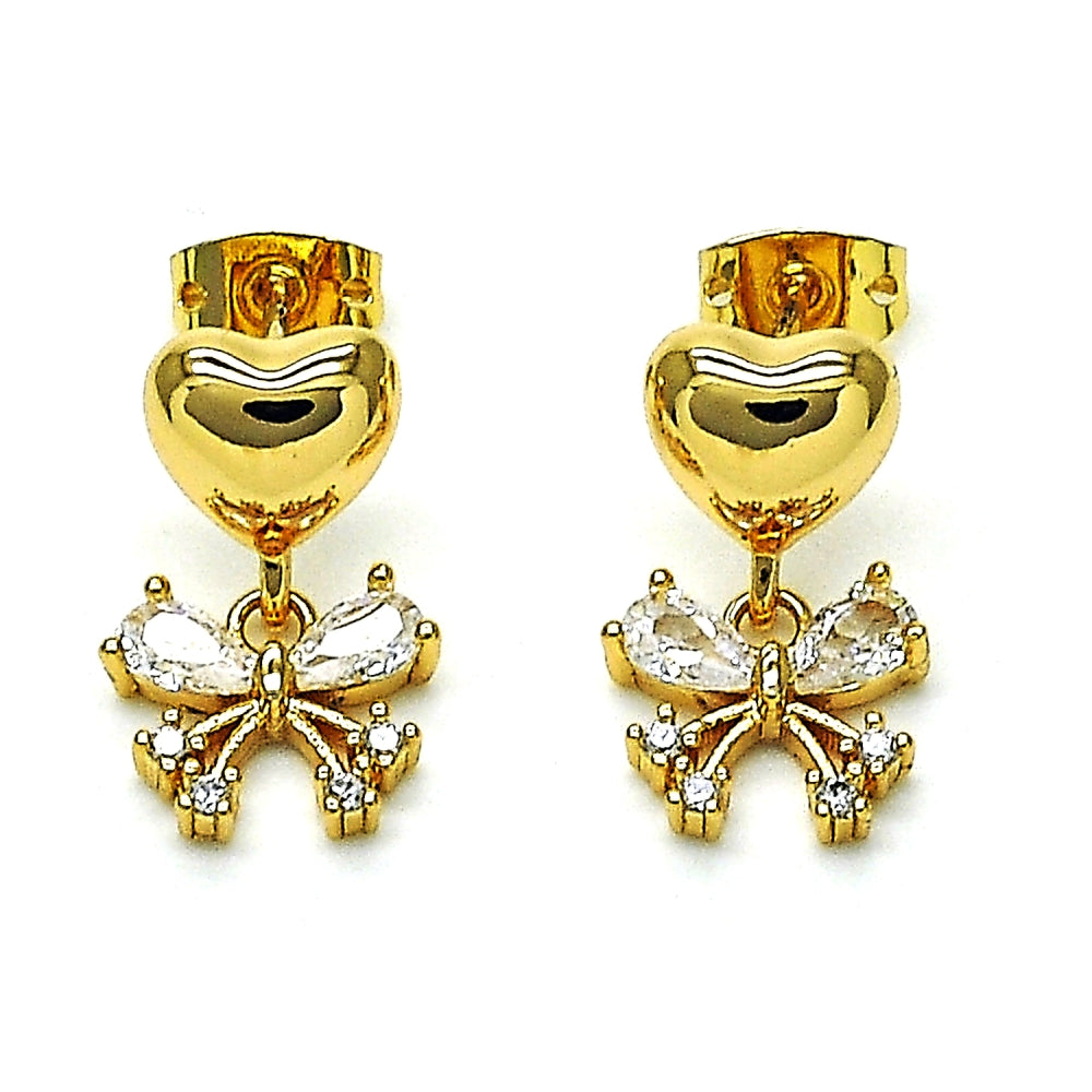 Oro Laminado Dangle Earring, Gold Filled Style Butterfly and Heart Design, with White Cubic Zirconia, Polished, Golden Finish