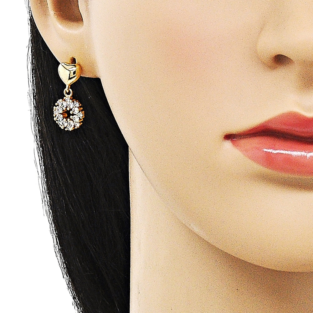 Oro Laminado Dangle Earring, Gold Filled Style Heart Design, with White Cubic Zirconia, Polished, Golden Finish