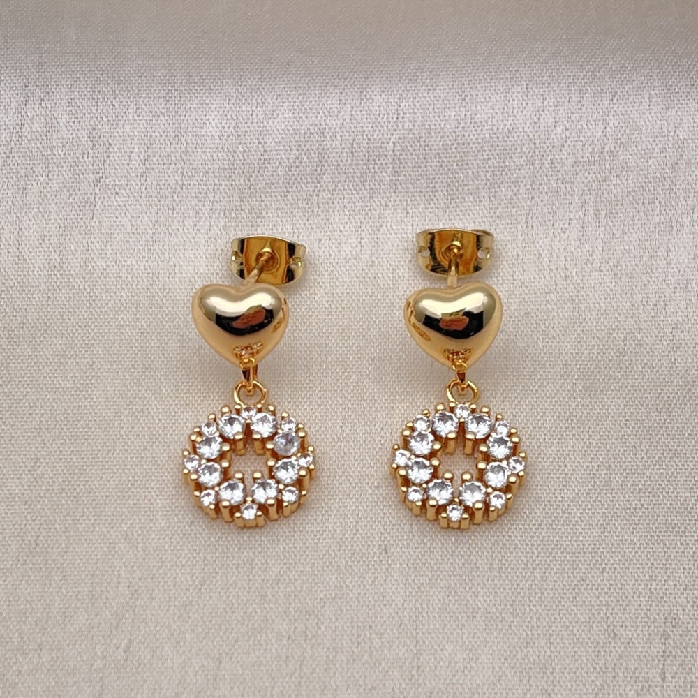 Oro Laminado Dangle Earring, Gold Filled Style Heart Design, with White Cubic Zirconia, Polished, Golden Finish