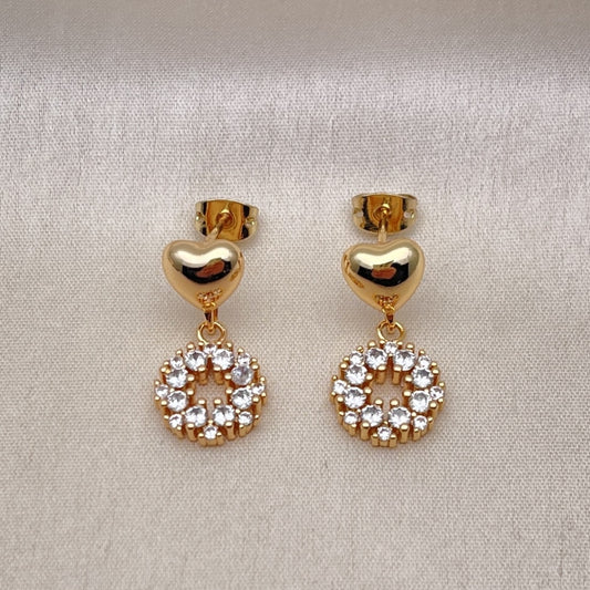 Oro Laminado Dangle Earring, Gold Filled Style Heart Design, with White Cubic Zirconia, Polished, Golden Finish