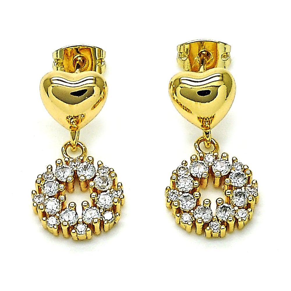 Oro Laminado Dangle Earring, Gold Filled Style Heart Design, with White Cubic Zirconia, Polished, Golden Finish