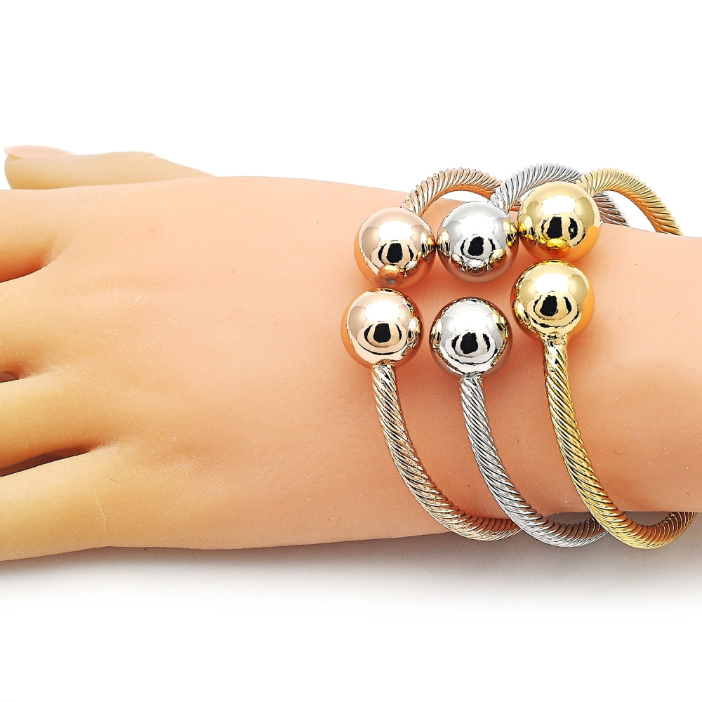 Oro Laminado Trio Bangle, Gold Filled Style Ball and Twist Design, Polished, Tricolor