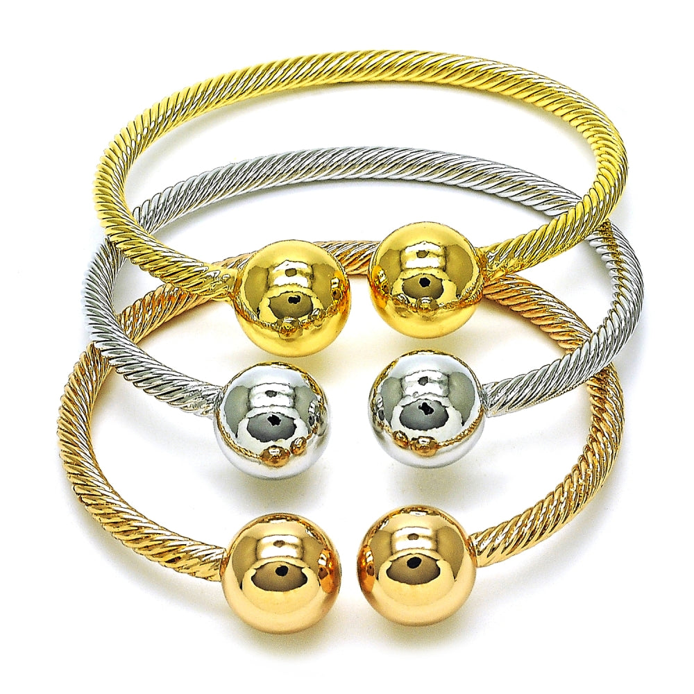Oro Laminado Trio Bangle, Gold Filled Style Ball and Twist Design, Polished, Tricolor