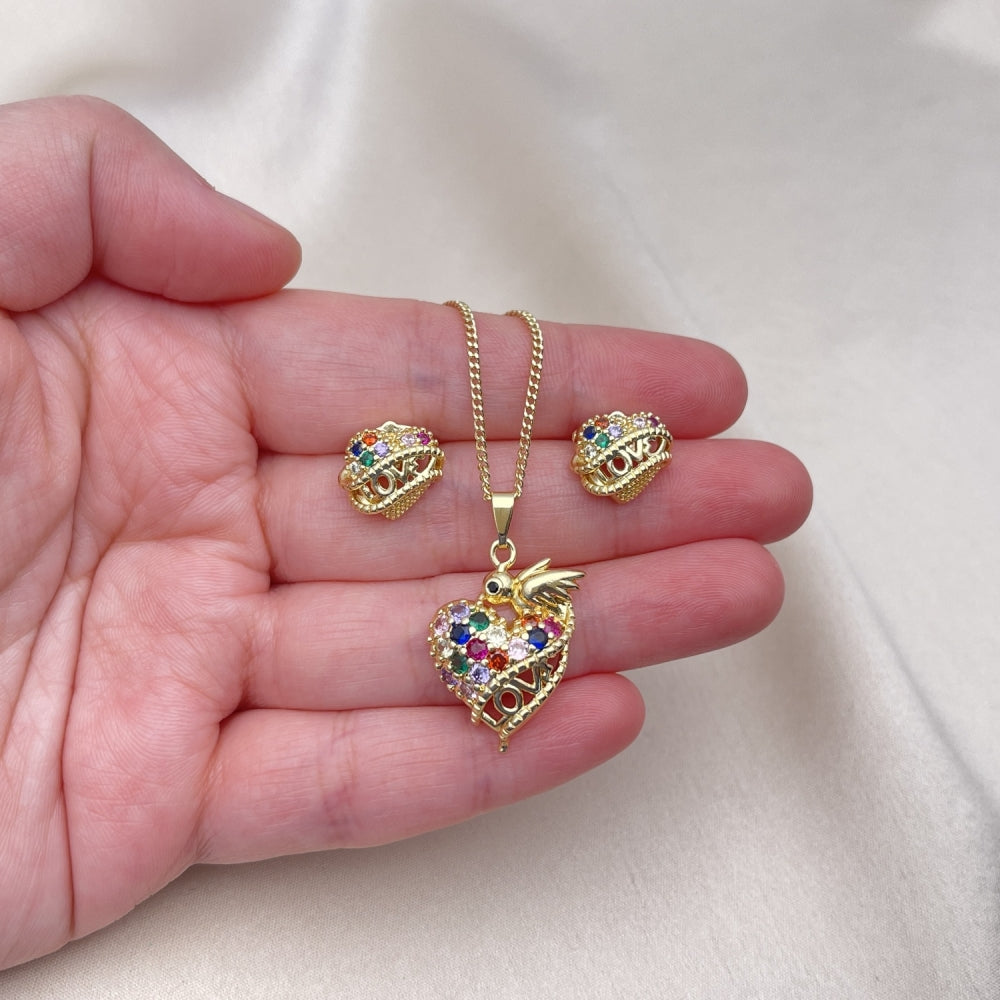 Oro Laminado Earring and Pendant Adult Set, Gold Filled Style Heart and Bird Design, with Multicolor Cubic Zirconia, Polished, Golden Finish