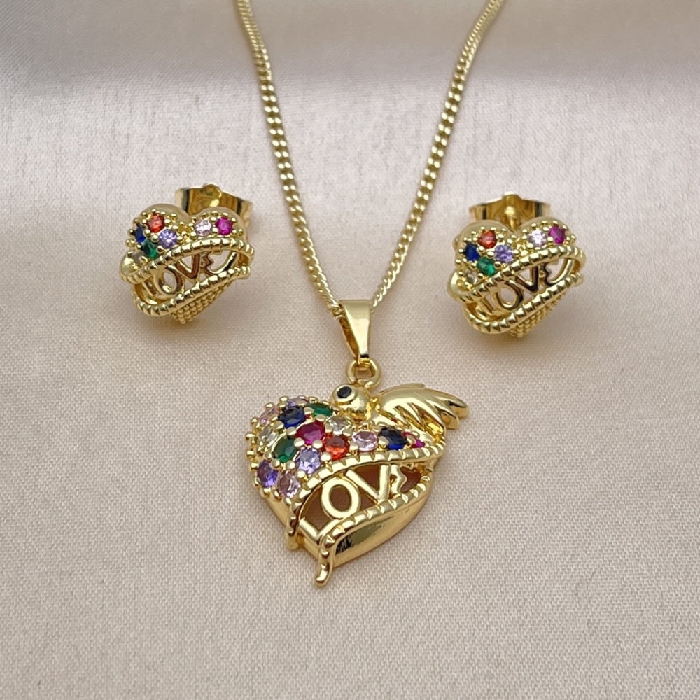 Oro Laminado Earring and Pendant Adult Set, Gold Filled Style Heart and Bird Design, with Multicolor Cubic Zirconia, Polished, Golden Finish