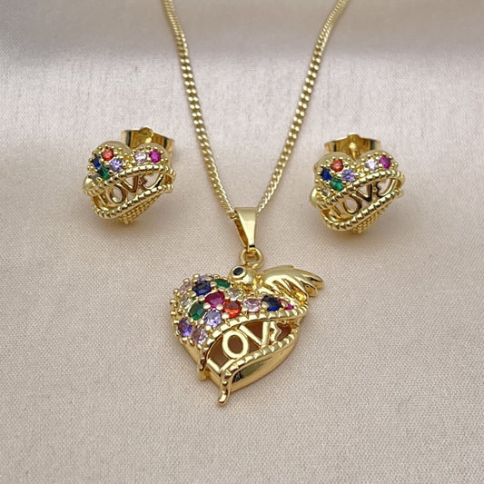Oro Laminado Earring and Pendant Adult Set, Gold Filled Style Heart and Bird Design, with Multicolor Cubic Zirconia, Polished, Golden Finish