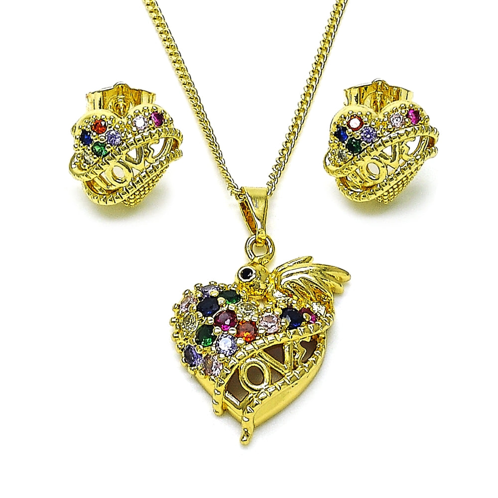 Oro Laminado Earring and Pendant Adult Set, Gold Filled Style Heart and Bird Design, with Multicolor Cubic Zirconia, Polished, Golden Finish
