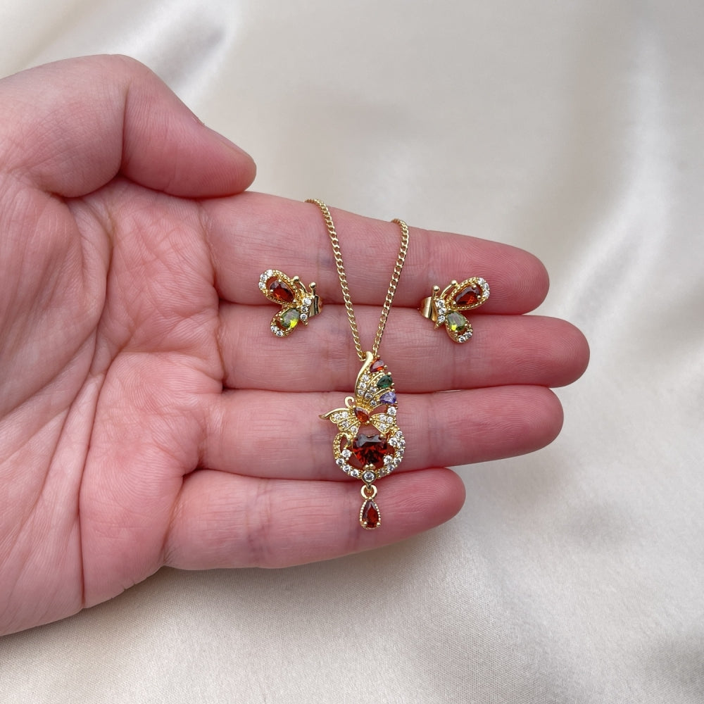 Oro Laminado Earring and Pendant Adult Set, Gold Filled Style Butterfly and Heart Design, with Multicolor and White Cubic Zirconia, Polished, Golden Finish